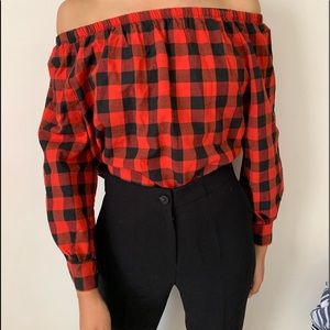 Red checkered off shoulder top.